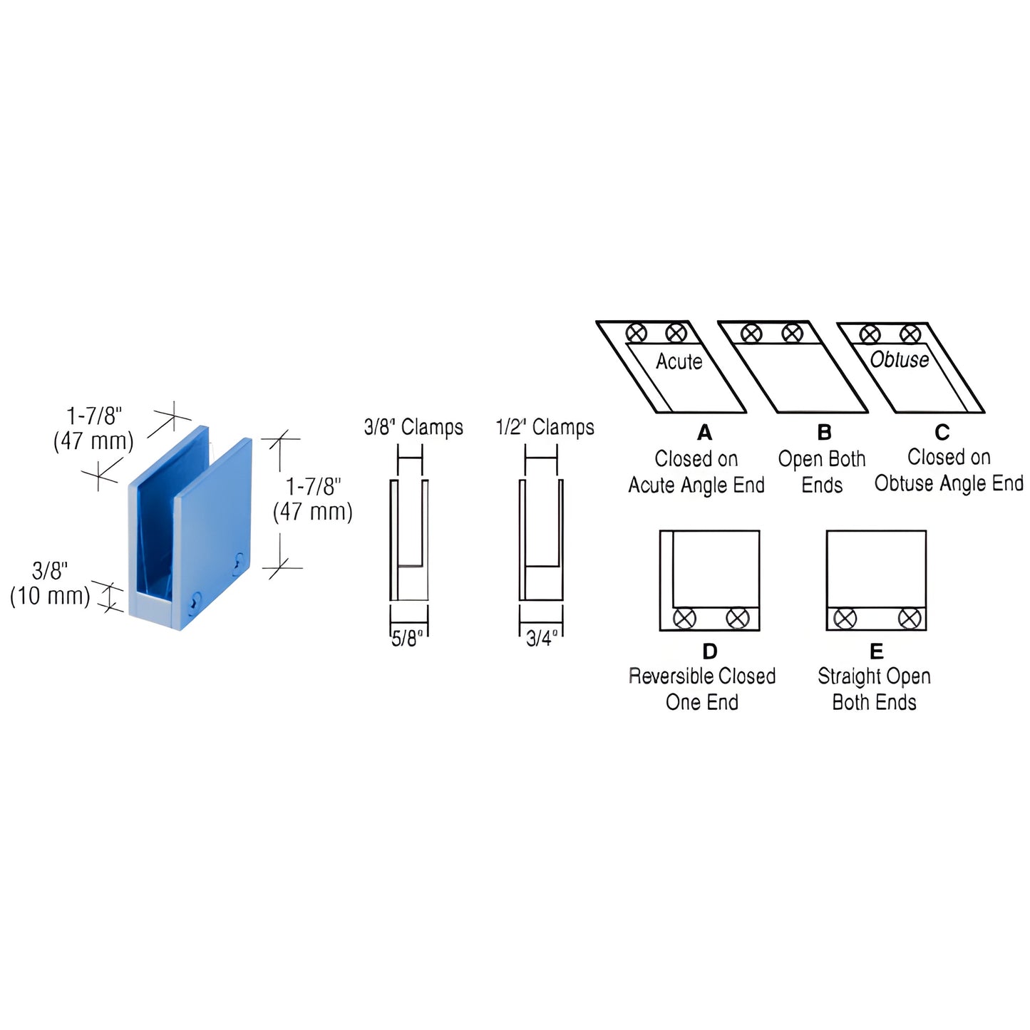RH1138PT straight open-center glass clamp E, powder-coated solid brass, fits 3/8" (10mm) glass, 1-7/8" wide
