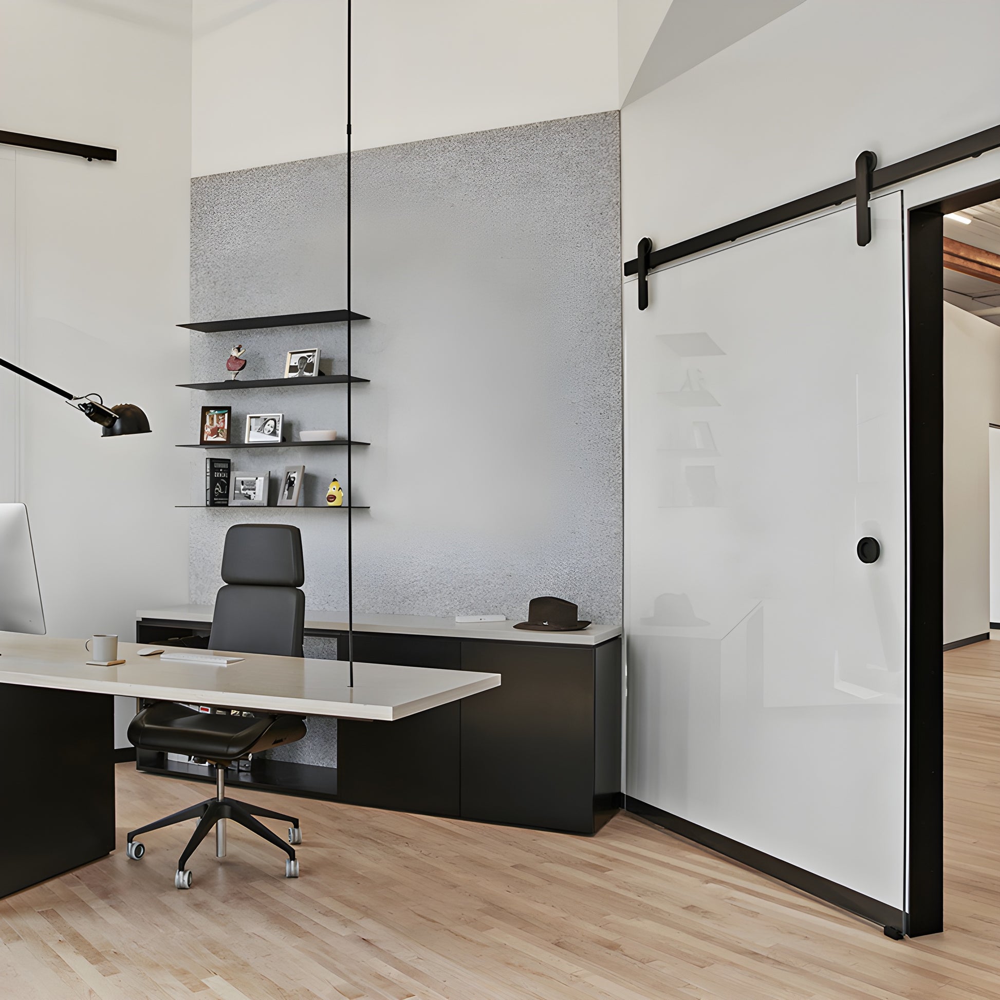 Black stainless Meridian sliding door hardware, 96 in. track and roller for 3/8-1/2 in. glass, SKU LAT34MERBLS