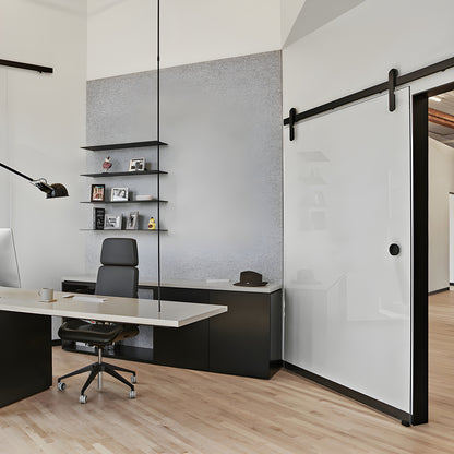 Black stainless Meridian sliding door hardware, 96 in. track and roller for 3/8-1/2 in. glass, SKU LAT34MERBLS