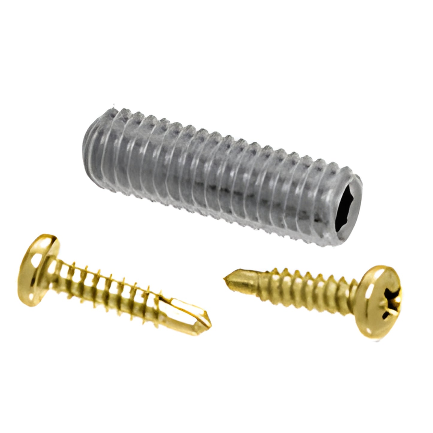 RSP2PB replacement screw pack - stainless set screw plus two polished brass self drilling and Phillips pan head screws.