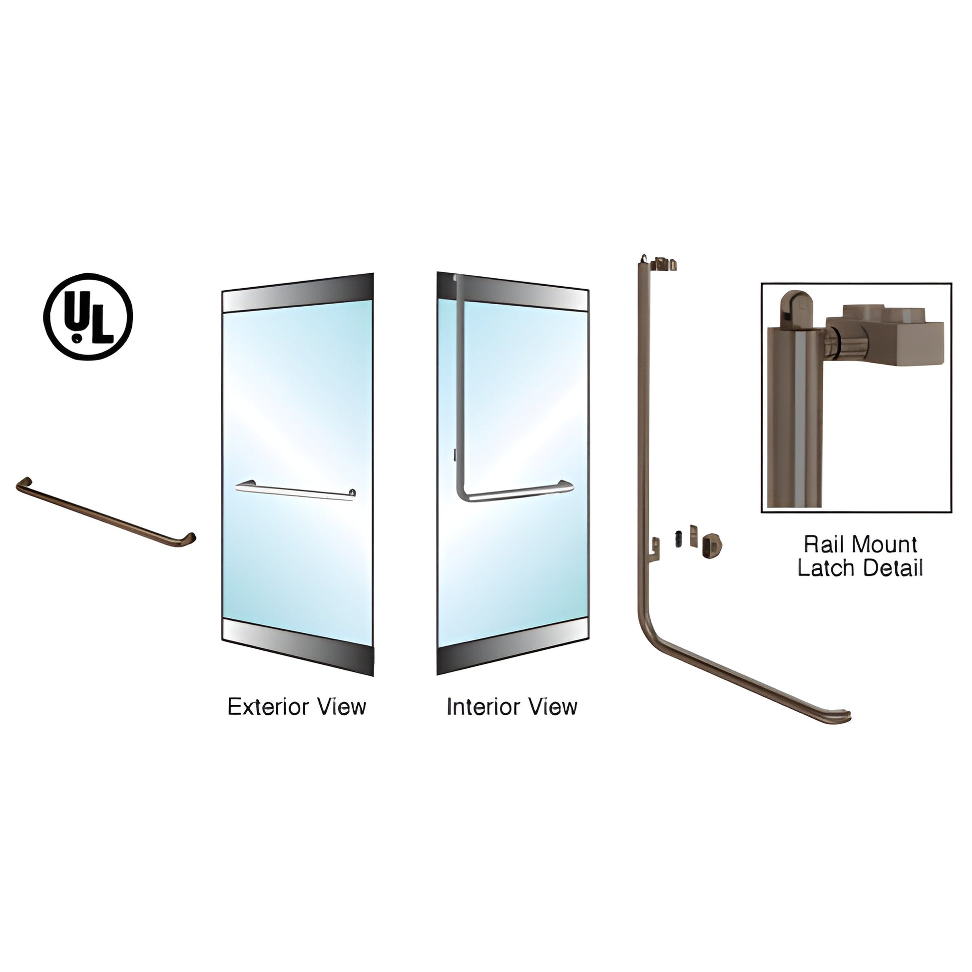 Oil-rubbed bronze PA100 panic handle (SKU 3P100A4RK0RB) tubular vertical panic bar for 3/4 glass doors, rail-mount latch.