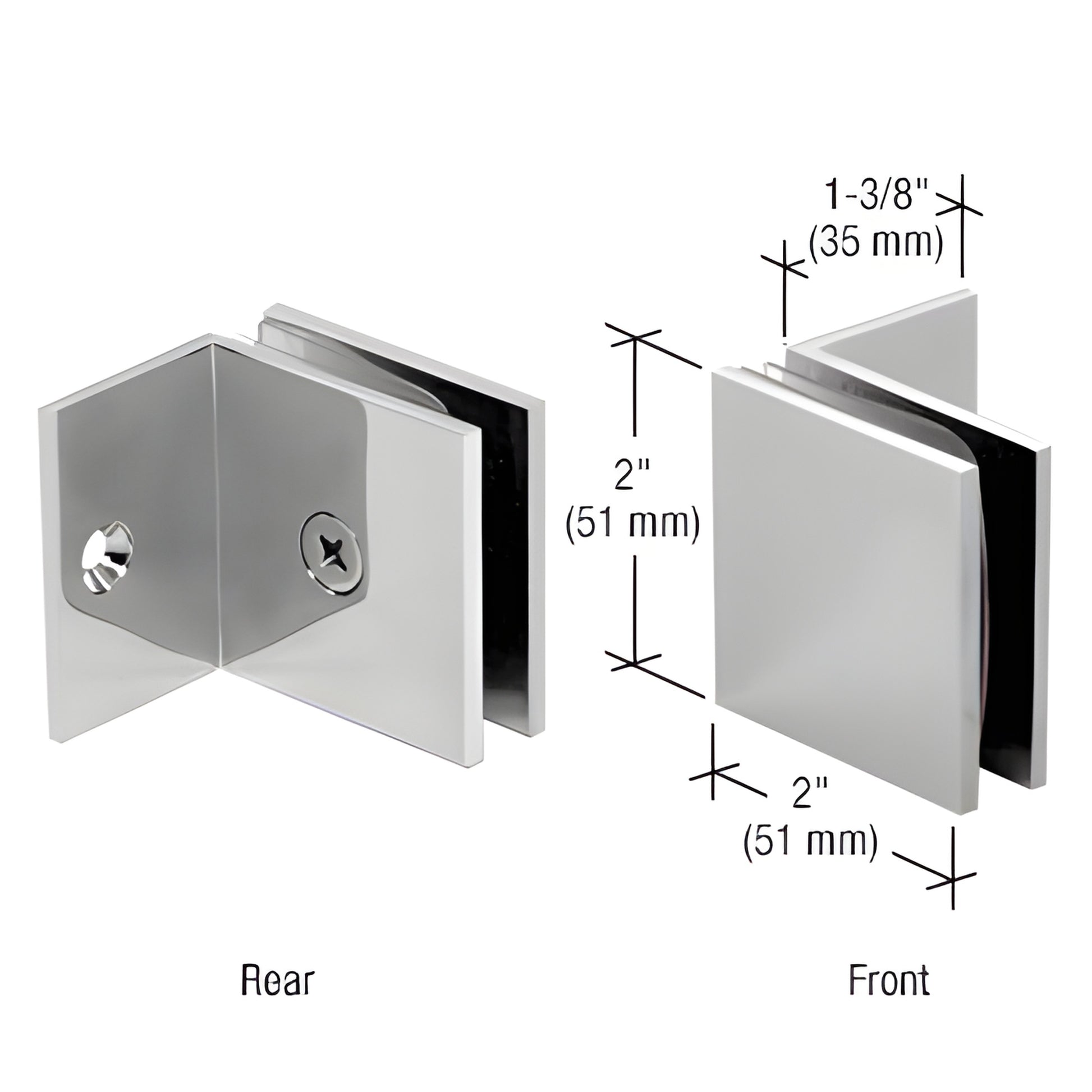 SGC037CH polished chrome square glass clamp, brass wall mount with small 90 leg; fits 10-12mm glass, 2 2 in.