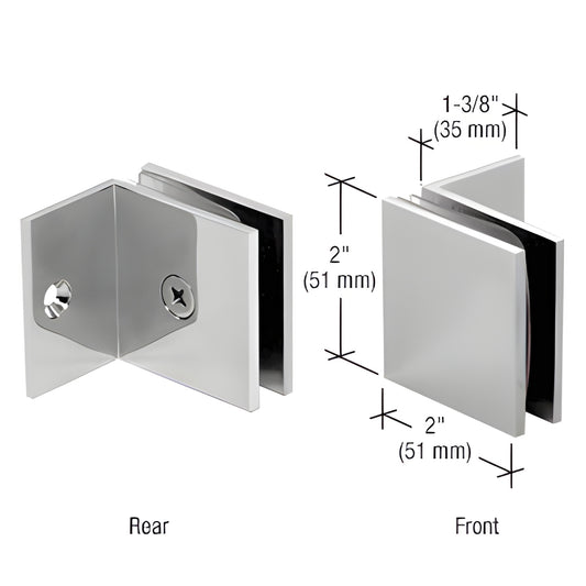 SGC037CH polished chrome square glass clamp, brass wall mount with small 90 leg; fits 10-12mm glass, 2 2 in.