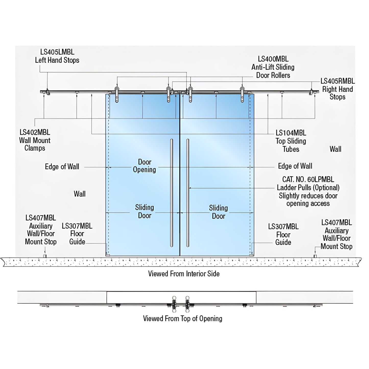 LSWM6MBL bi-parting matte black 316 stainless steel anti-lift wall-mount sliding glass door kit, for 3/8-1/2" tempered glass