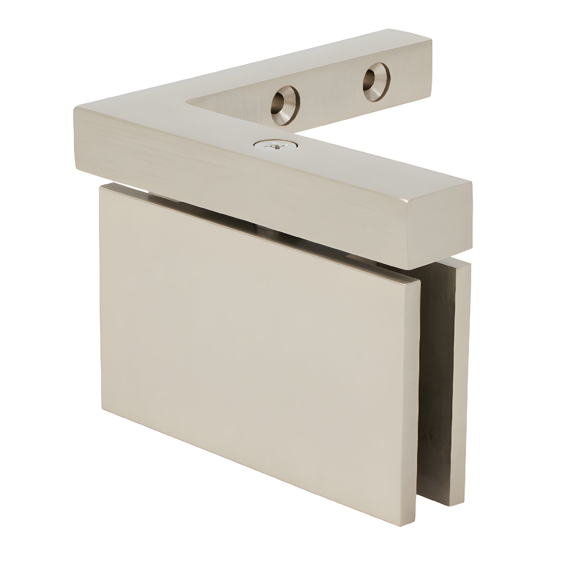 Brushed nickel left-hand offset wall-mount self-centering pivot hinge for 1/2" glass shower door (SKU SRCAR05LBN)