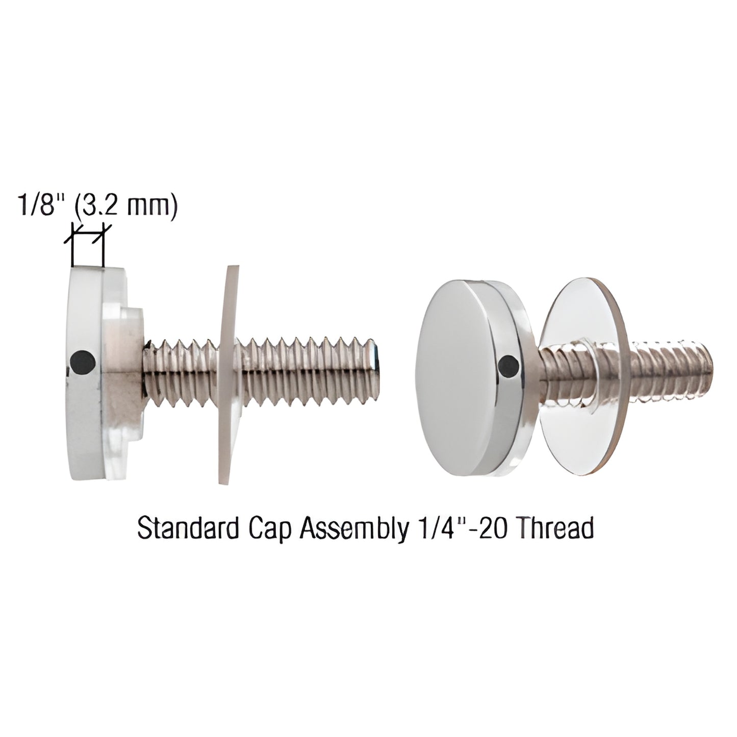 CAP34SC satin chrome 3/4" standoff cap assembly with 1/4-20 threaded stud and washers, front and side views.