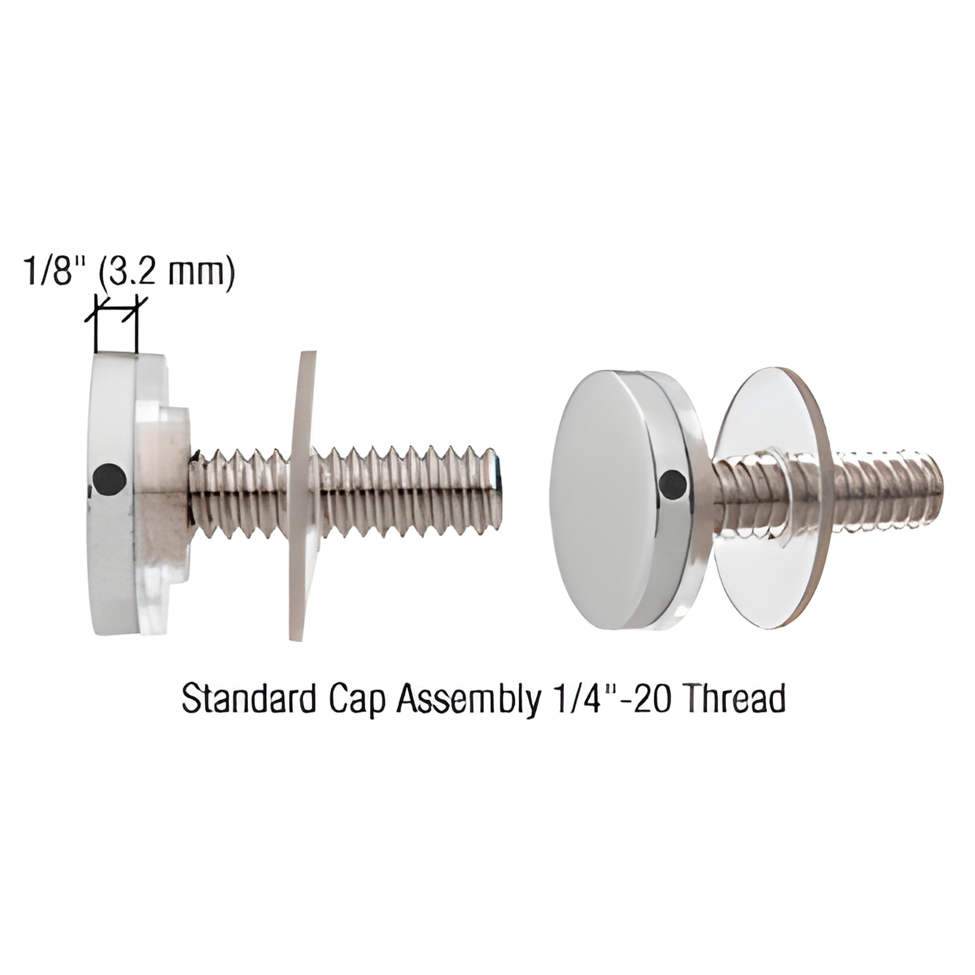 CAP34SC satin chrome 3/4" standoff cap assembly with 1/4-20 threaded stud and washers, front and side views.