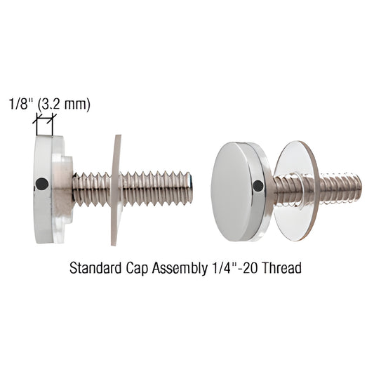 CAP34SC satin chrome 3/4" standoff cap assembly with 1/4-20 threaded stud and washers, front and side views.