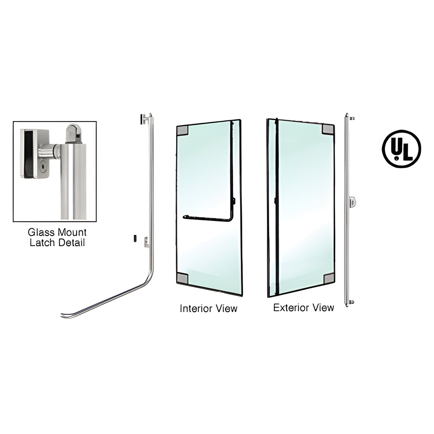 PA100 brushed stainless panic handle for 1/2" tempered glass doors - interior push bar, exterior fixed tube, UL listed.