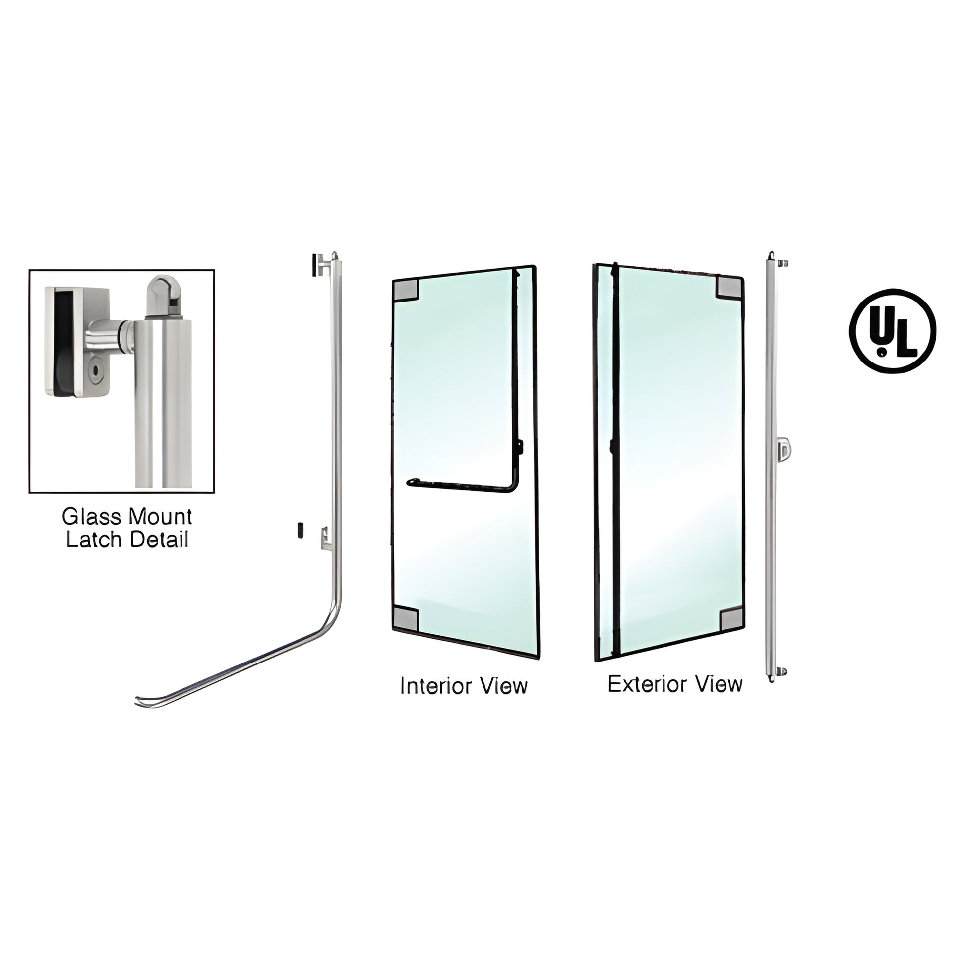 PA100 brushed stainless panic handle for 1/2" tempered glass doors - interior push bar, exterior fixed tube, UL listed.