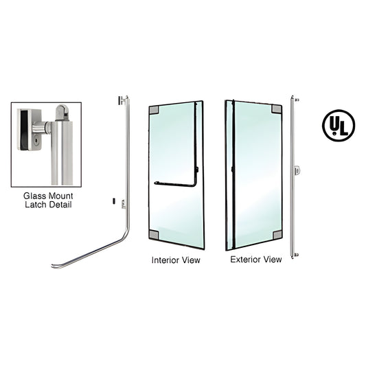 PA100 brushed stainless panic handle for 1/2" tempered glass doors - interior push bar, exterior fixed tube, UL listed.