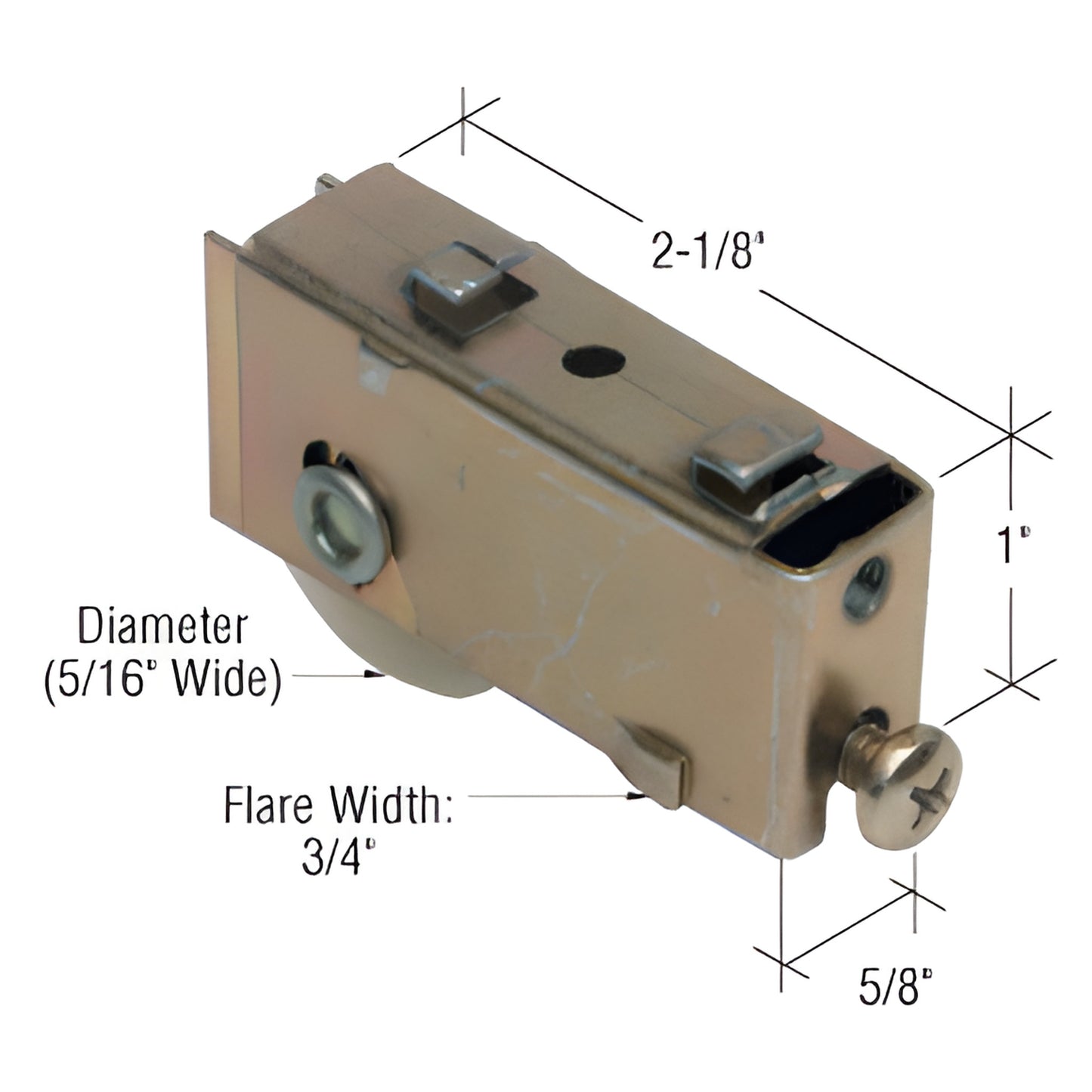 D1535 adjustable steel-housed sliding glass door roller with 1-1/4" nylon concave wheel, 5/16" wide, replacement part.