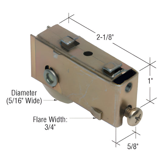 D1535 adjustable steel-housed sliding glass door roller with 1-1/4" nylon concave wheel, 5/16" wide, replacement part.