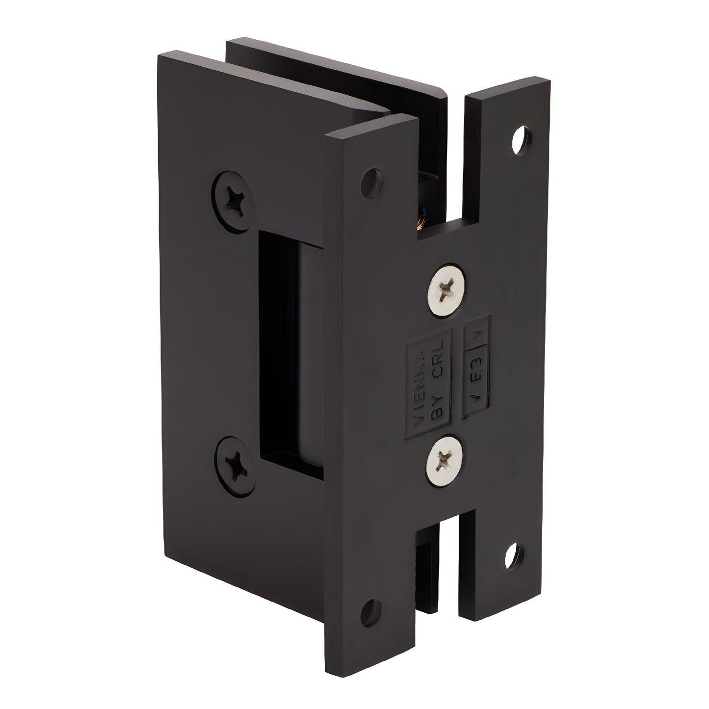 Oil rubbed bronze H plate wall hinge for frameless glass shower doors, squared Vienna design, brass construction