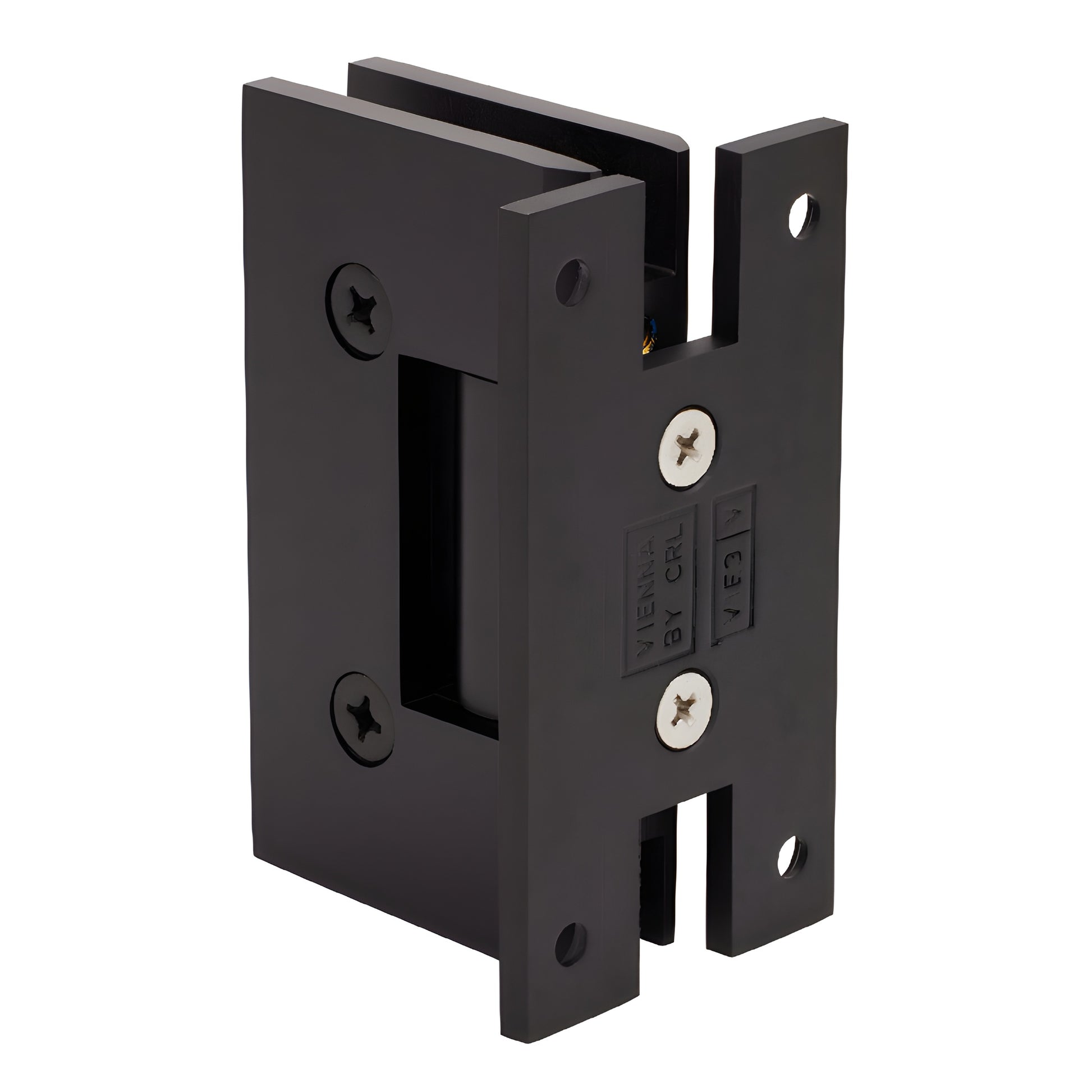 Oil rubbed bronze H plate wall hinge for frameless glass shower doors, squared Vienna design, brass construction