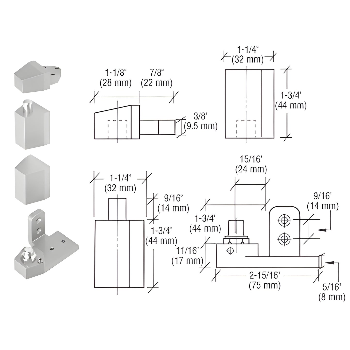 Aluminum offset pivot set, right-hand (SKU 0P31RHA). Die cast commercial pivot with 1/8 recess and dimension drawings.