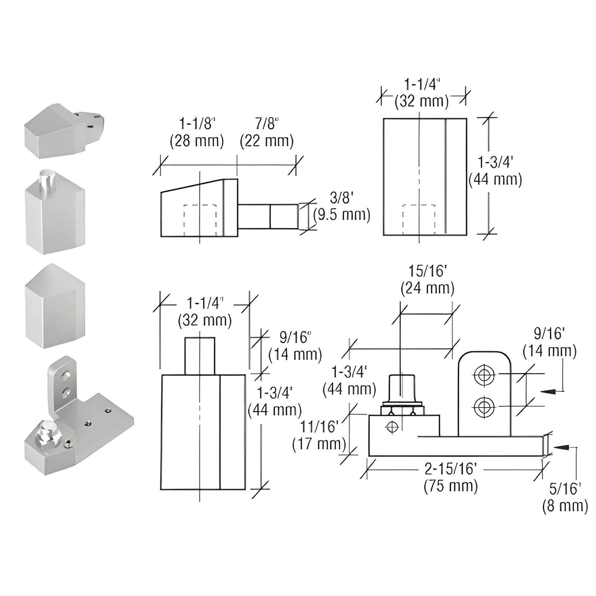 Aluminum offset pivot set, right-hand (SKU 0P31RHA). Die cast commercial pivot with 1/8 recess and dimension drawings.
