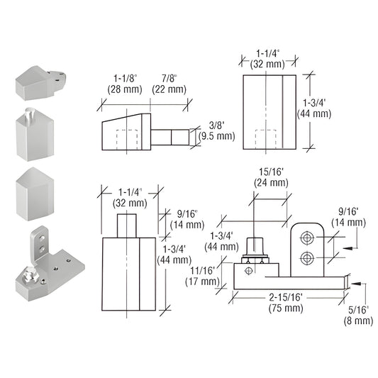 Aluminum offset pivot set, right-hand (SKU 0P31RHA). Die cast commercial pivot with 1/8 recess and dimension drawings.