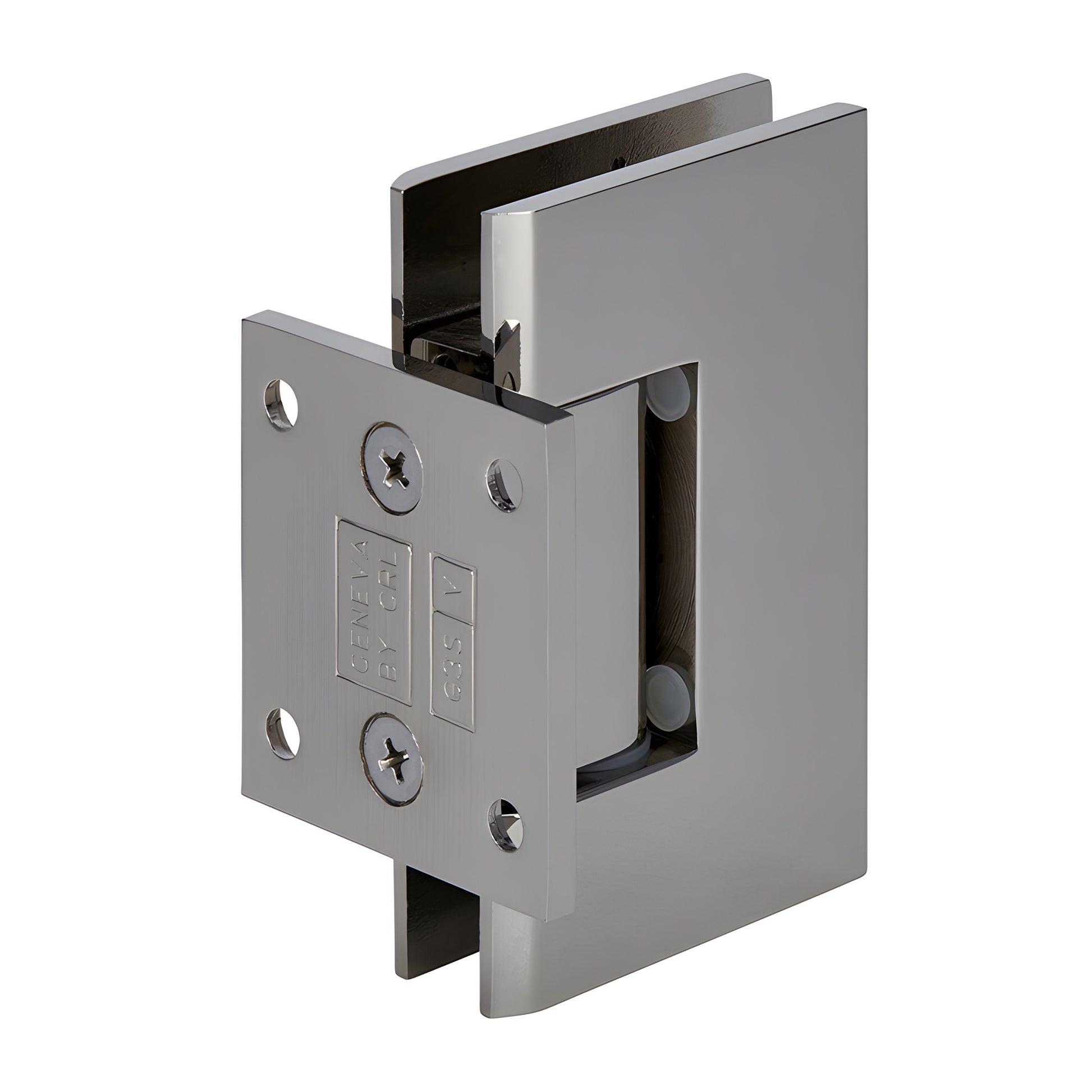 Polished nickel brass Geneva shower hinge (GEN074PN), wall-mount short back plate, self-centering for 8-12mm glass.
