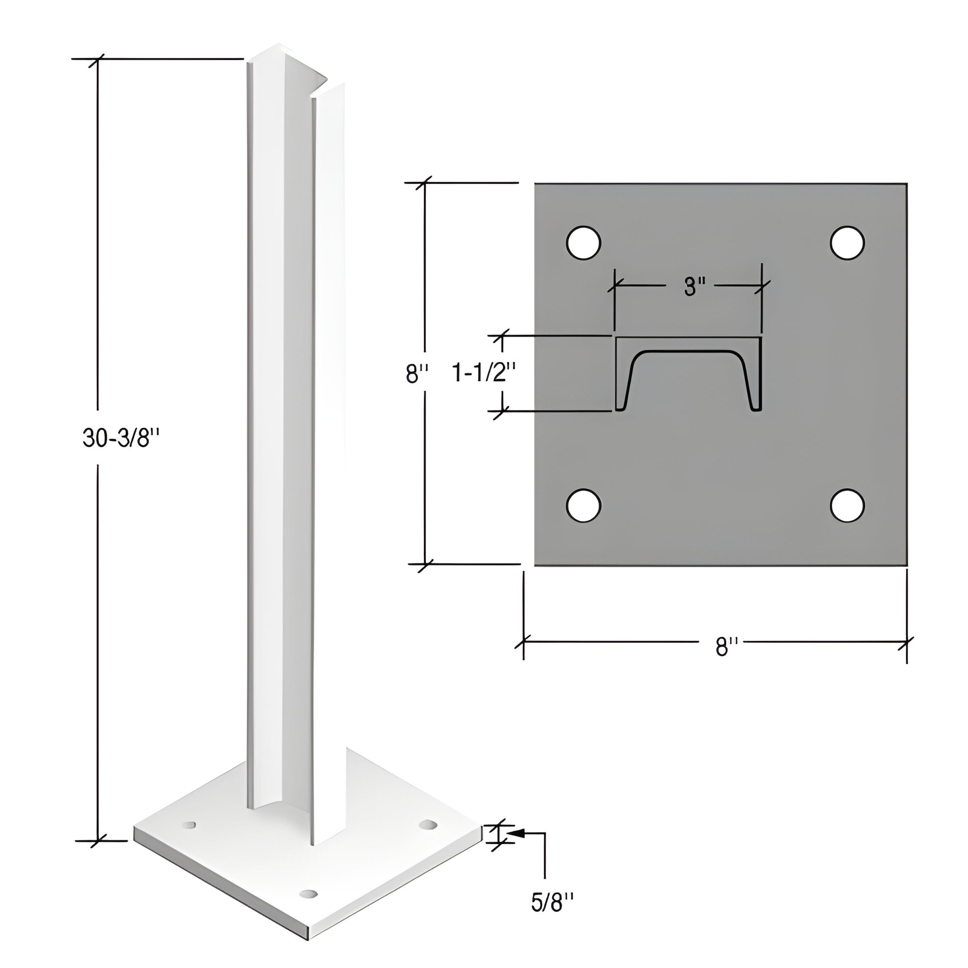 CS2W Cielo white windscreen post, slim 31 4" profile, 30" height, aluminum post with 8 8" zinc plated base plate (5/8").