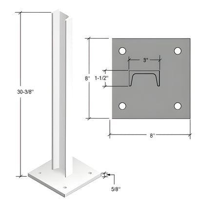 CS2W Cielo white windscreen post, slim 31 4" profile, 30" height, aluminum post with 8 8" zinc plated base plate (5/8").
