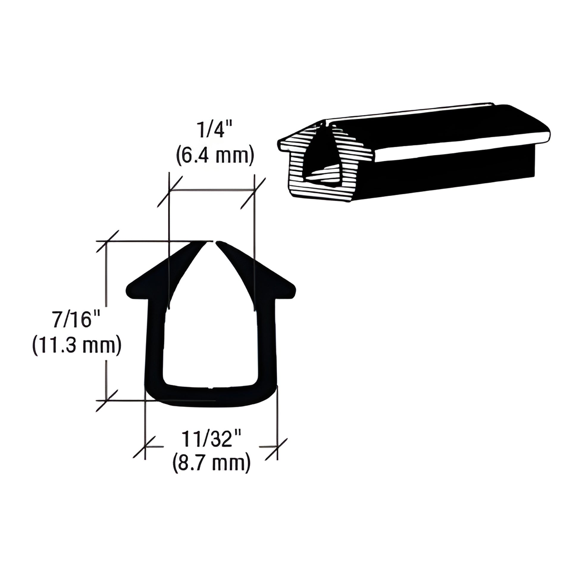 Black rubber glass setting channel (SKU AV539) for 1/4" (6 mm) glazing, 50 ft roll - U-shaped profile with flanges.