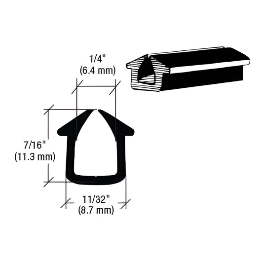 Black rubber glass setting channel (SKU AV539) for 1/4" (6 mm) glazing, 50 ft roll - U-shaped profile with flanges.