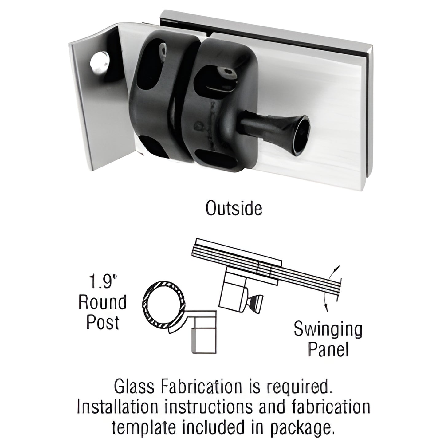 MLSP5BS brushed stainless steel inside-mount gate latch for 1/2" (12mm) tempered glass, round-post mount
