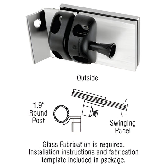 MLSP5BS brushed stainless steel inside-mount gate latch for 1/2" (12mm) tempered glass, round-post mount