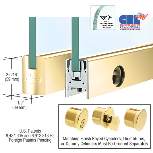 Polished brass low-profile door rail (35-3/4") for 1/2" glass, aluminum-clad with Wedge Lock system; includes lock. SKU DR2SP
