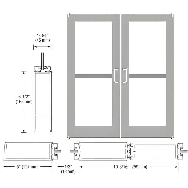 DZ52211 clear anodized wide stile commercial double entrance door, 5" stiles, 61 2" bottom rail, glass not included.