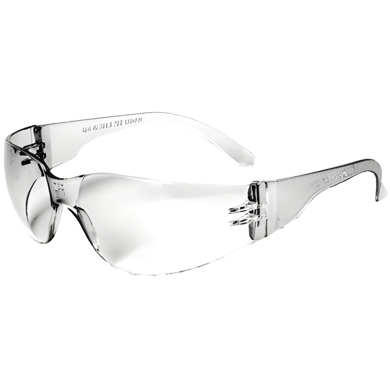 Clear polycarbonate wrap-around safety glasses (MR01C) with snap-fit temples, lightweight ANSI-rated, 99.9% UV protection.