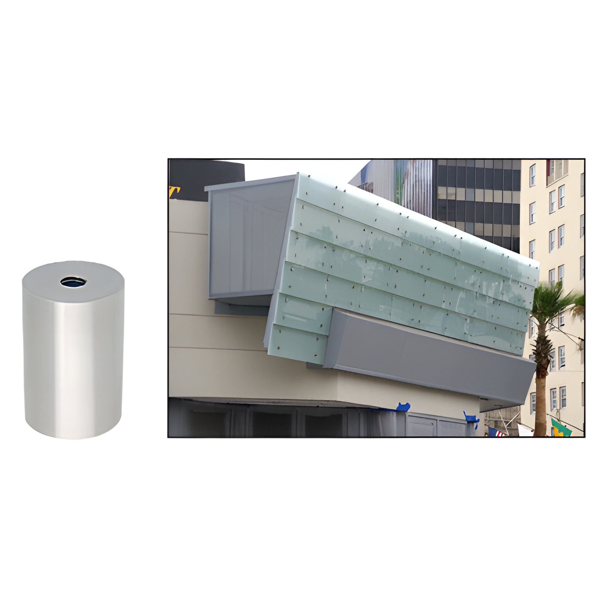 Brushed 316 stainless standoff base, 1.5" dia x 2" long (3/8-16 thread), shown with signage application - SKU S0B1122BS