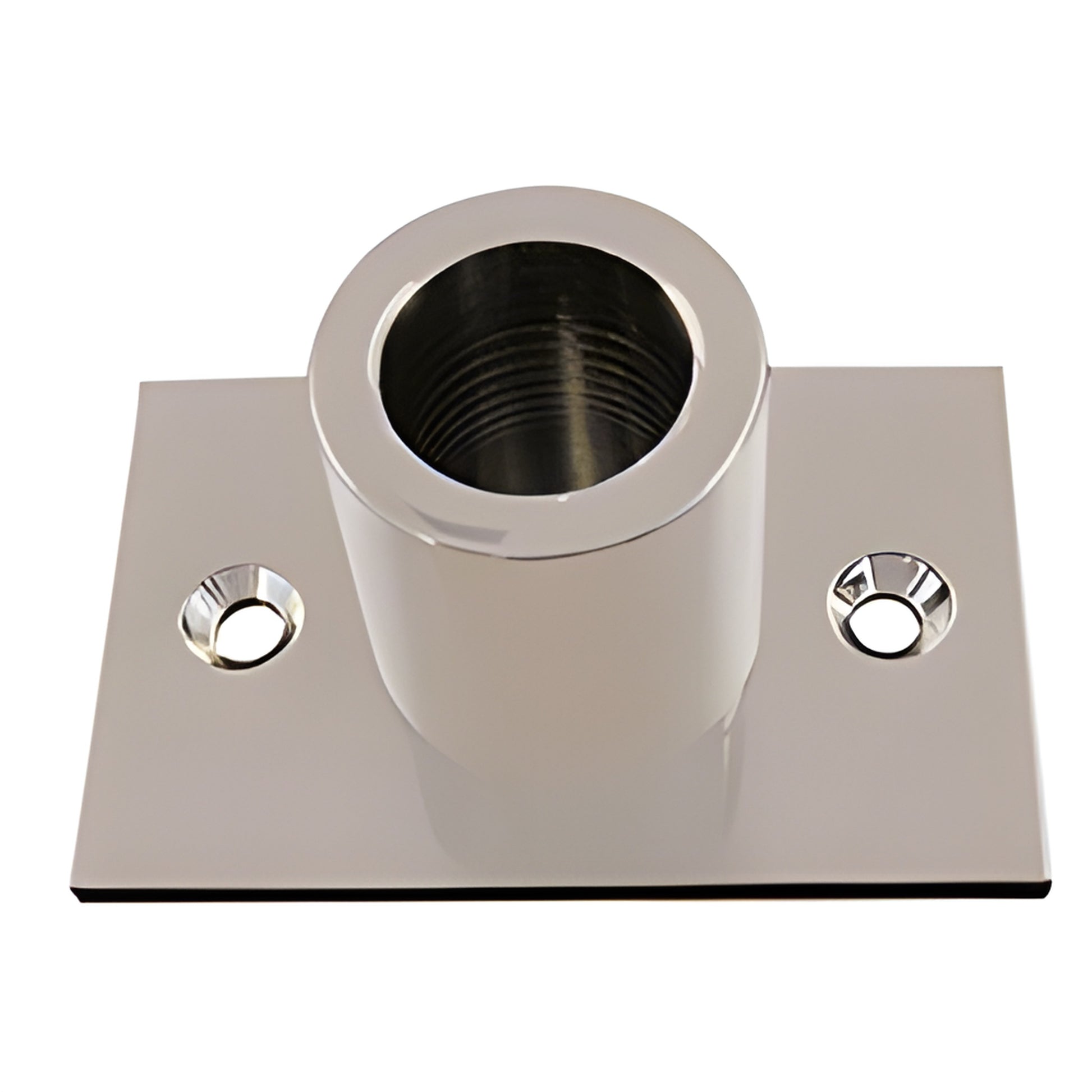 S14BN wall-mount top fitting, brushed nickel brass cylinder on rectangular plate with threaded socket for support bar