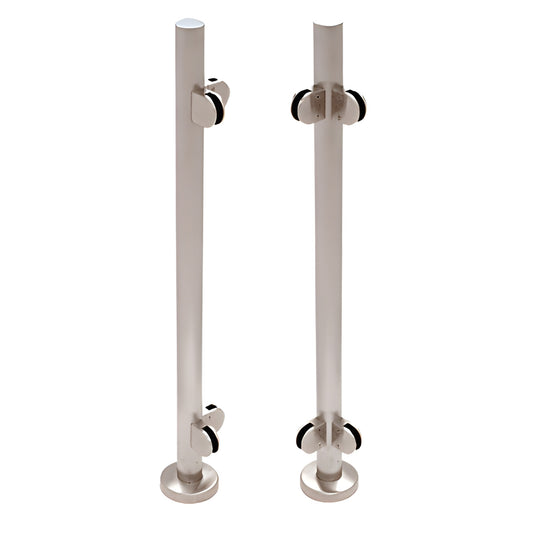 Brushed stainless steel glass-infill post railing pair, 1-1/2" Schedule 40 posts with base plates (SKU PR1540LBS)