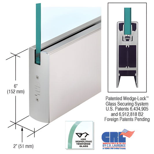Satin anodized aluminum 6 in x 2 in square door rail DR6SSA12C for 1/2 in glass with Wedge-Lock system