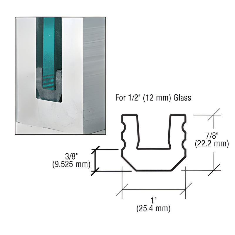 GR5UB25 black EPDM setting/centering block for 1/2" (12mm) glass - cross-section diagram and installed base shoe photo.