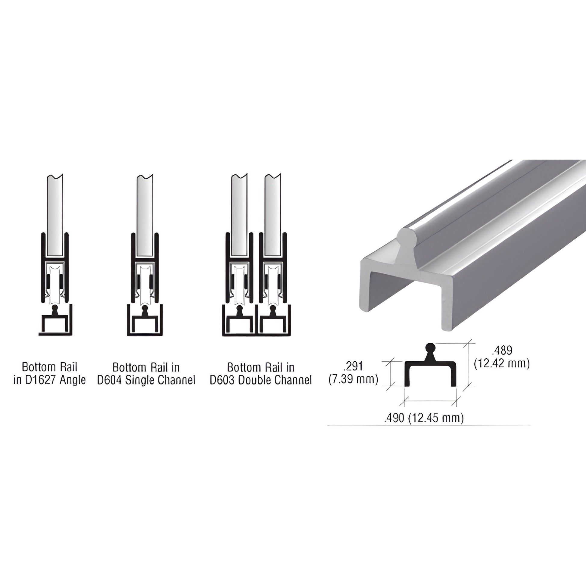 CRL D601A satin anodized aluminum single bottom rail for sliding panels, 0.49" wide x 0.489" high, 12' length