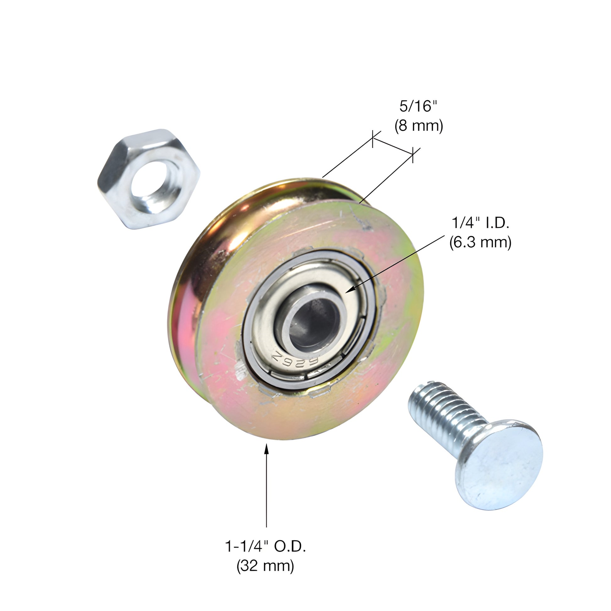 D1502 steel concave patio door roller, 1/4" mounting hole, includes 1/4-20 x 3/4" carriage bolt and nut.