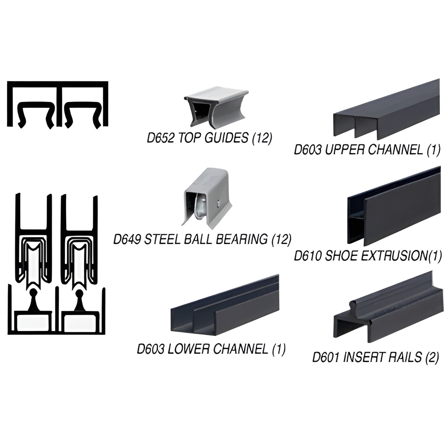 D2301BLBB 12' flat-black aluminum rolling track assembly with steel ball-bearing wheels for 1/4" glass