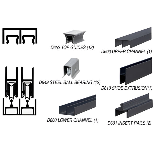 D2301BLBB 12' flat-black aluminum rolling track assembly with steel ball-bearing wheels for 1/4" glass