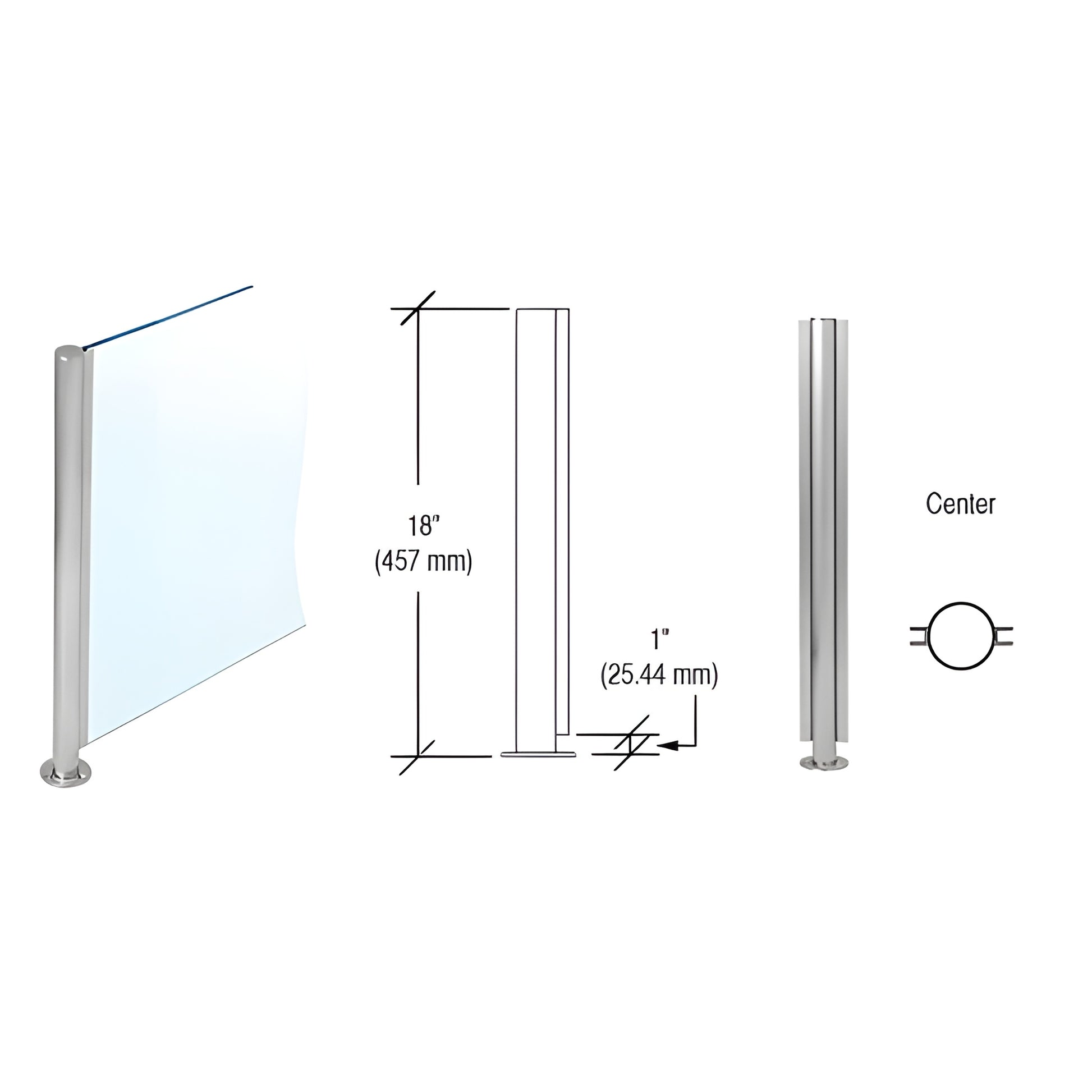 SBPP08CBS 18 in brushed stainless center partition post with U-channel for 1/4 in glass, flat cap and welded round base.