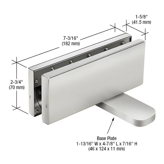 CRL380A satin anodized hydraulic patch fitting for interior glass doors - rectangular hinge with base plate, dimensions shown