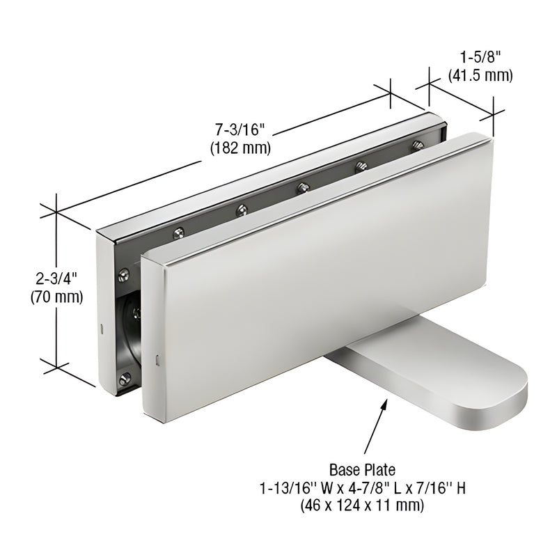 CRL380A satin anodized hydraulic patch fitting for interior glass doors - rectangular hinge with base plate, dimensions shown