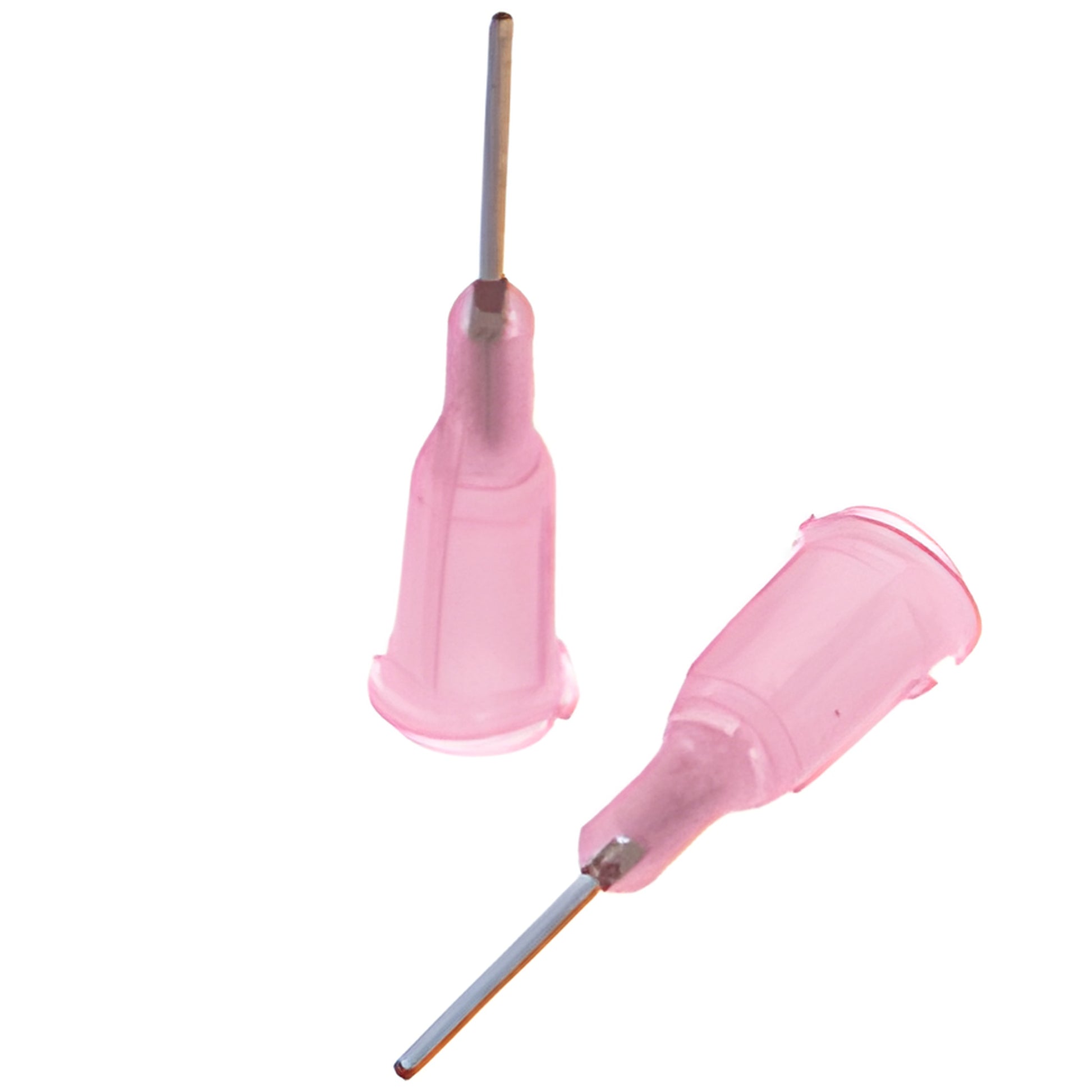 Two pink 0.60 mm UV adhesive dispensing needles (SKU UVN60) with color-coded hubs and metal tips.