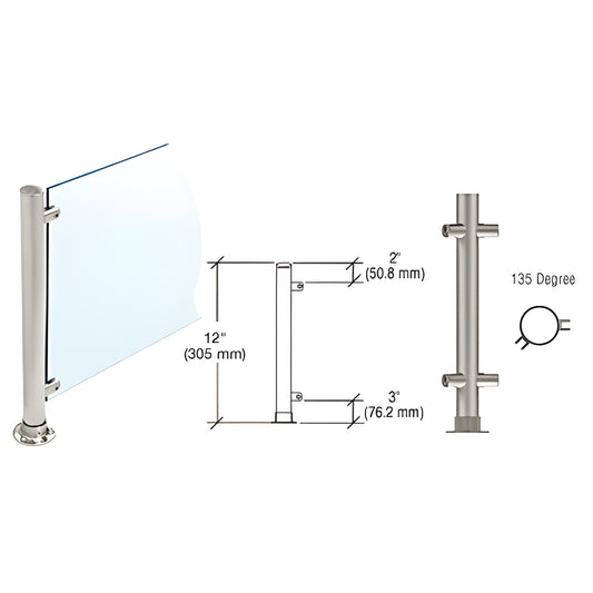 PP55ABS: 12" brushed stainless slimline 135 round partition post with adhesive round flange, fits 3/8" glass.