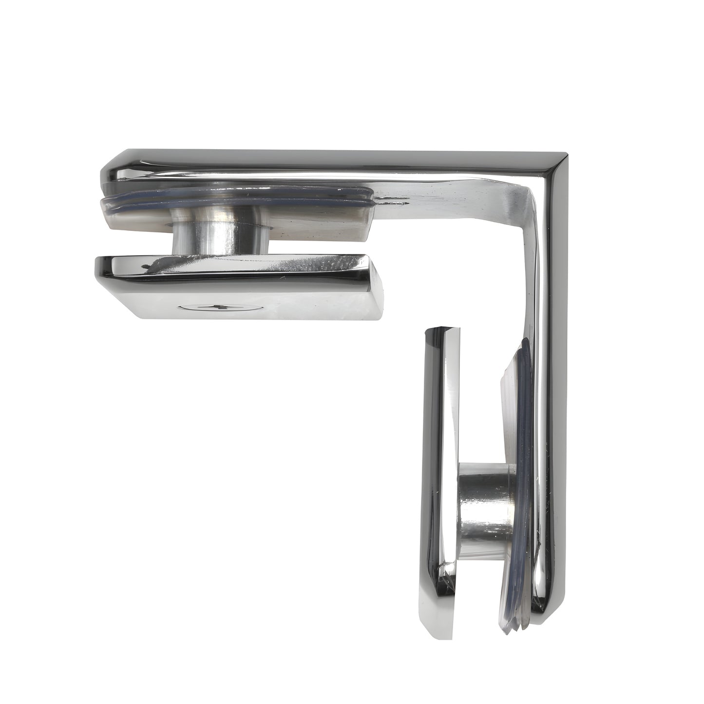 Polished chrome beveled 90 glass-to-glass clamp (BGC90CH) for 3/8-1/2 tempered glass, solid brass.