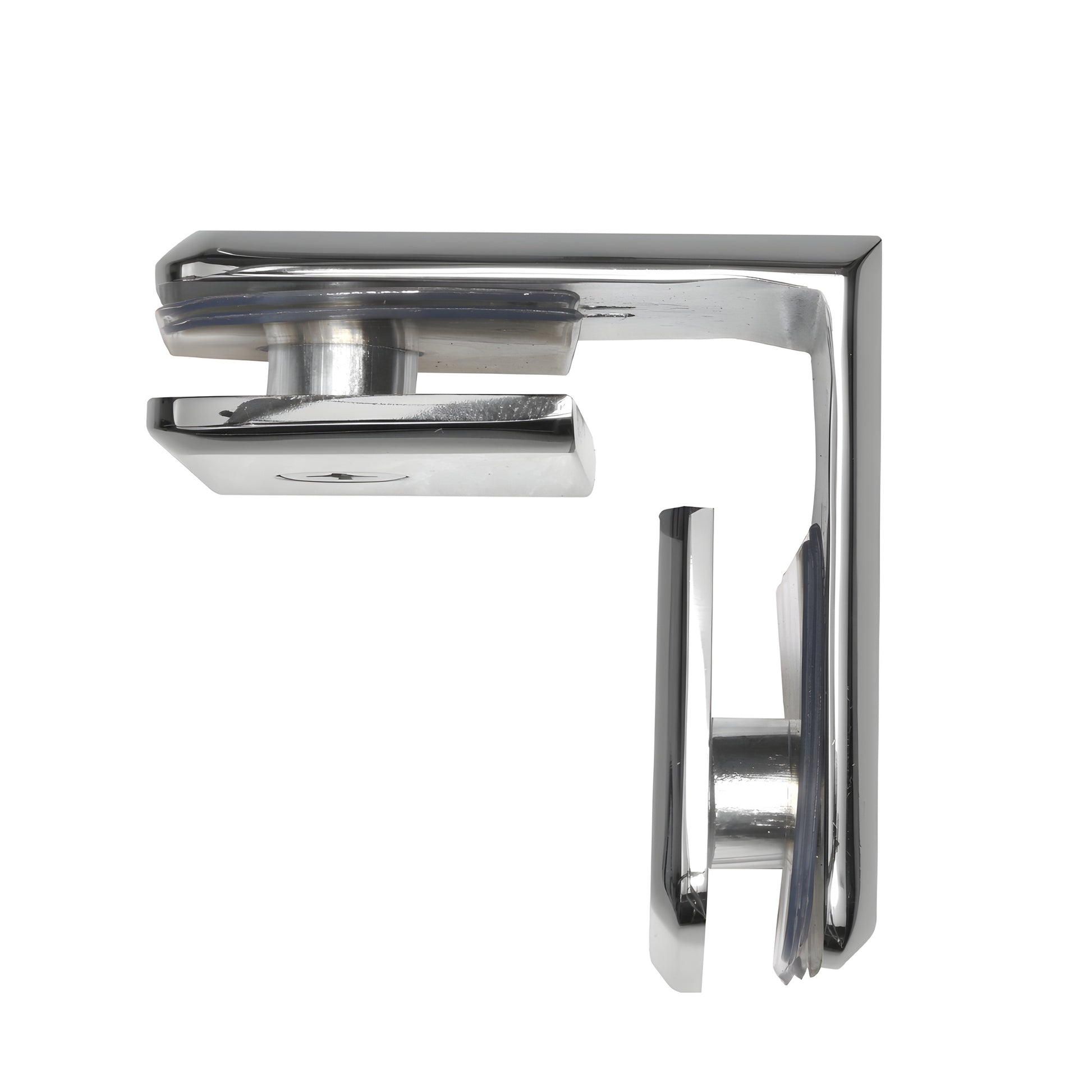 Polished chrome beveled 90 glass-to-glass clamp (BGC90CH) for 3/8-1/2 tempered glass, solid brass.