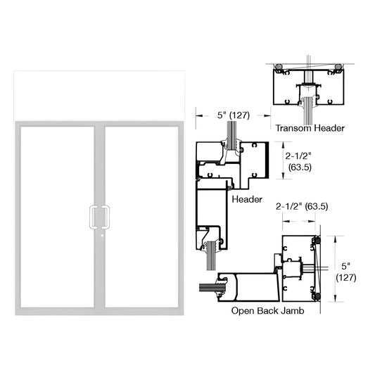 White Kynar double transom hurricane impact door frame with center pull handles and technical diagrams - SKU 0F62852