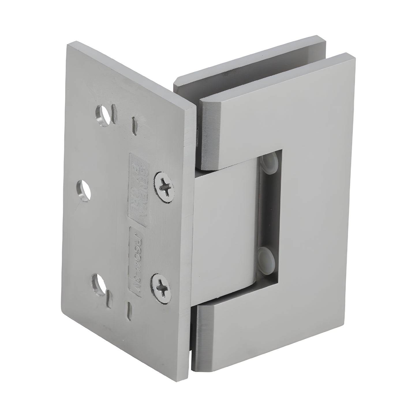 JRG044BN Brushed nickel Junior Geneva wall-mount shower hinge for 1/4-5/16" glass, offset back plate.